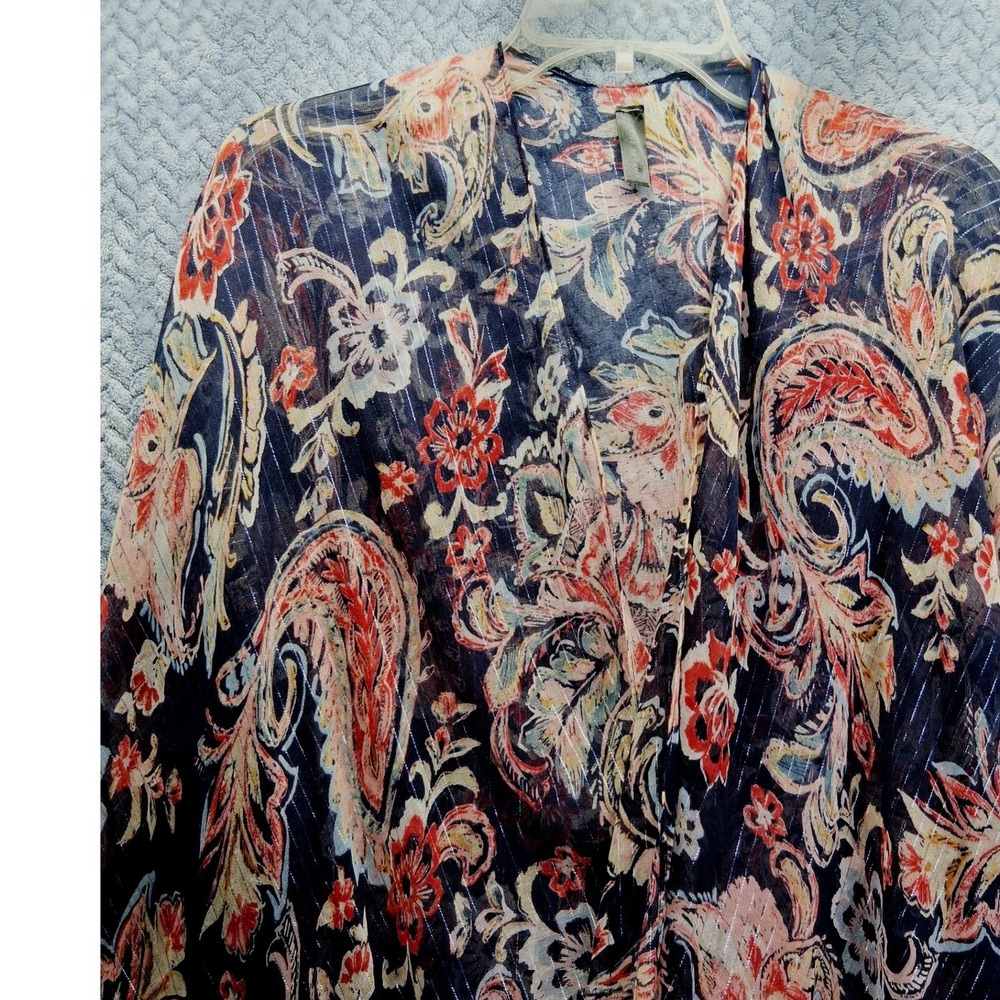 Lane‎ Bryant Blue Paisley Metallic Stripe Sheer Kimono Wrap Cardigan One Size